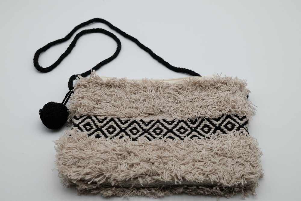 Handmade Crochet Boho Crossbody - Beige Shag / Black Diamond Print