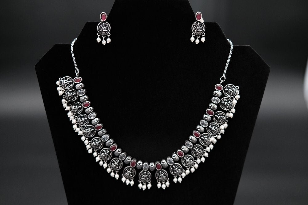 Oxidized Brass Necklace + Earring Set  - Ruby